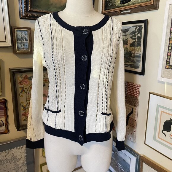 Talbots Petites Womens Black & White Cotton Button Front Cardigan Sweater Size L - Picture 1 of 6